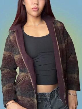 Women's Maroon & Brown Mixed-Stripe Sherpa Jacket
